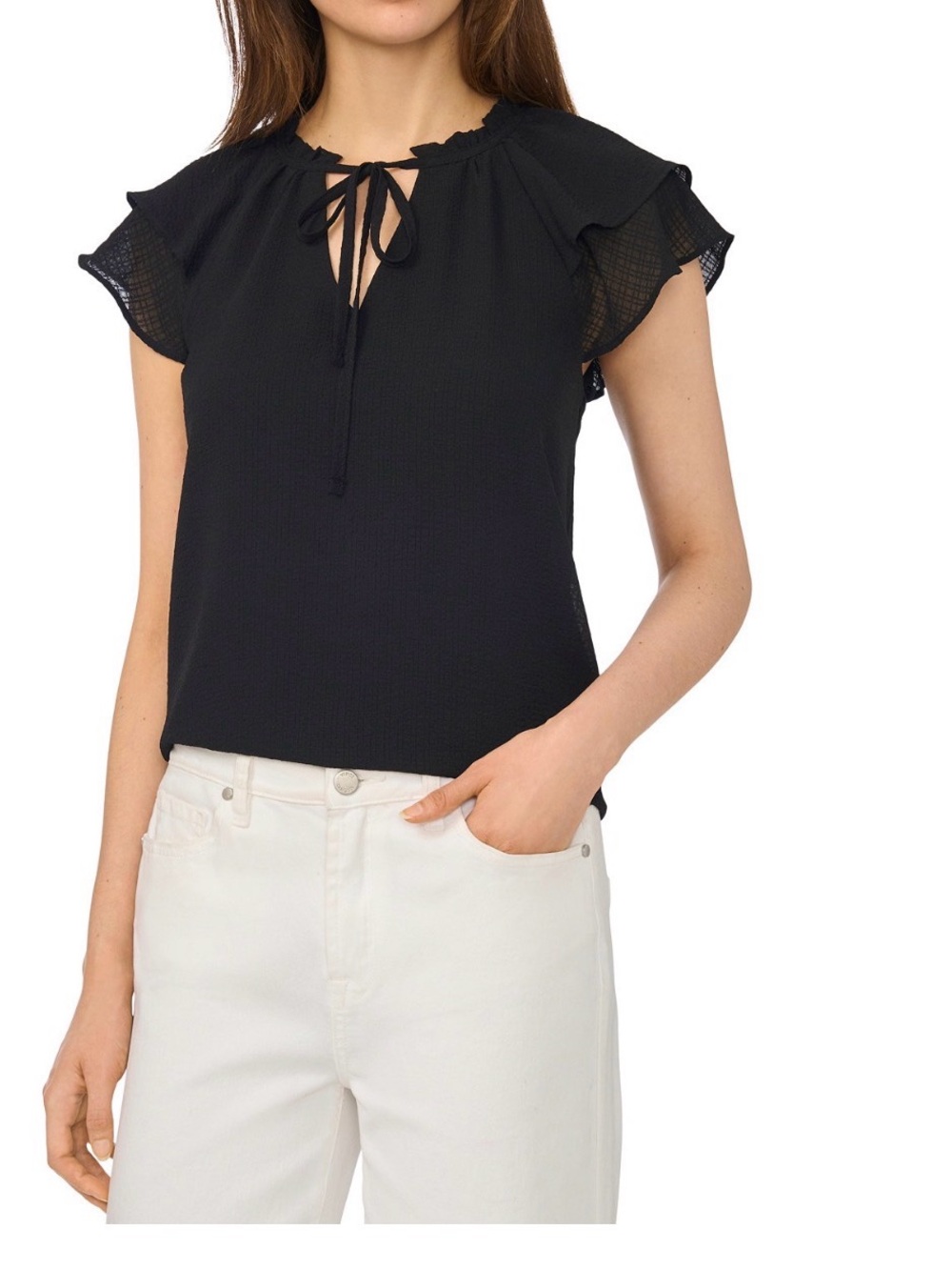 LOFT Black Tie-Neck Flutter Sleeve Blouse